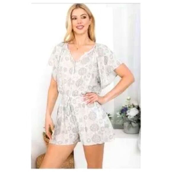 Button Down Flare Sleeve Romper Shorts - Picture 1 of 7